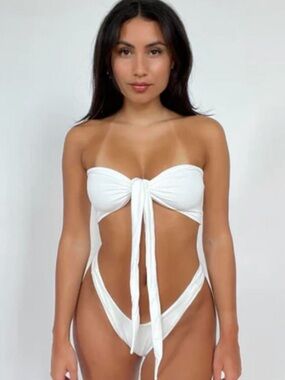 437 White Micro String Bikini Set Tie Front Convertible Top Brazilian Bottom